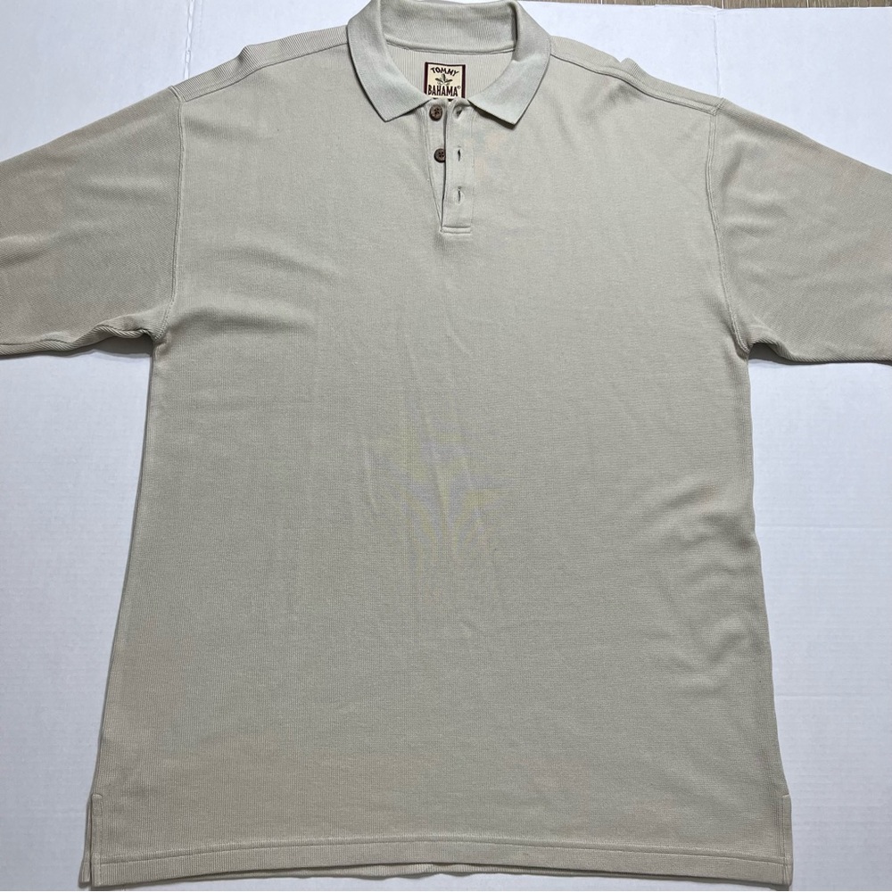 Tommy Bahama Polo Shirt Mens Large Beige Silk Cotton Marlin Hualalai Golf